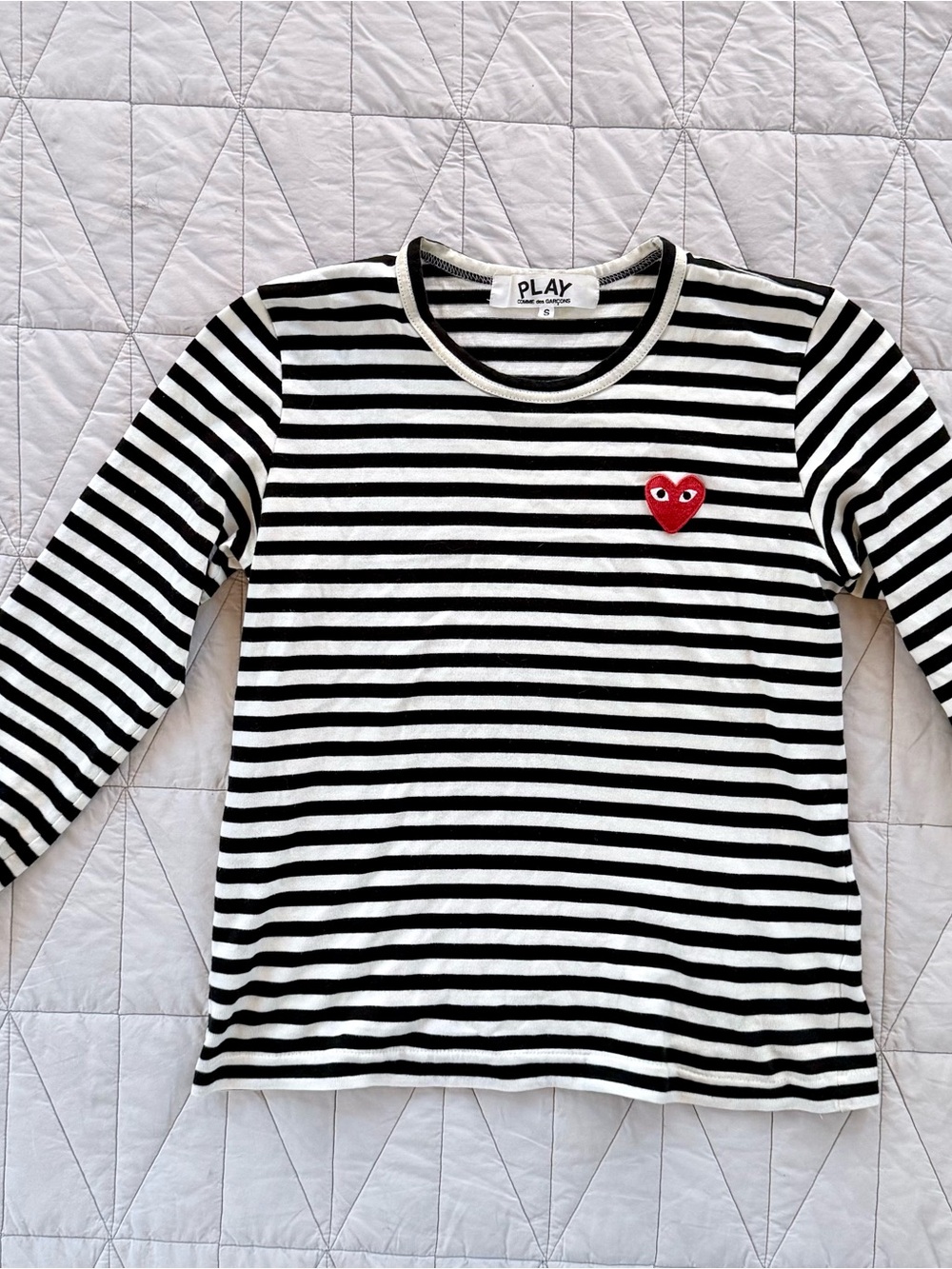 Comme des Garcons PLAY Black & White Striped Long Sleeve Tee with Red Heart